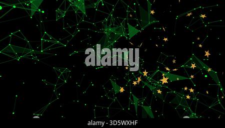 Pulsing glowing green nodes and lines forming triangular meshes in black void, with gold stars Stock Photo