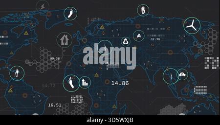 Displaying world map visualization overlaying global data on dark grid with circular markers, icons Stock Photo