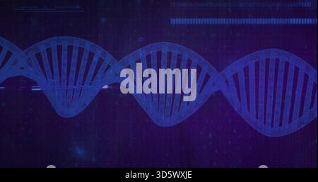 Displaying blue DNA double helix spanning abstract tech banner, showing mesh, grid, binary dots Stock Photo