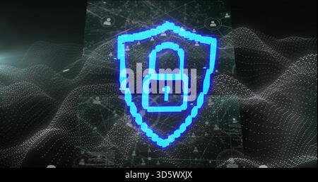Glowing neon-blue pixelated shield protecting virtual cyberspace, showing padlock, nodes, avatars Stock Photo