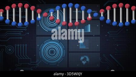 Displaying stylized DNA double helix running across upper third of frame, with six HUD panels Stock Photo