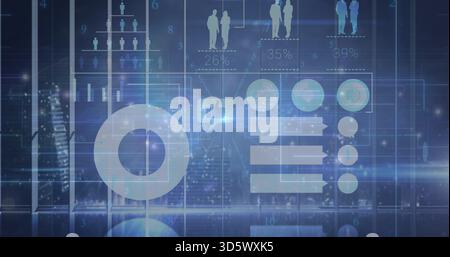 Displaying blue HUD showing donut chart, nodes and bars over blurred night skyline, percent labels Stock Photo