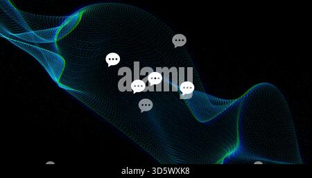 Flowing teal mesh wave curving across data canvas, showing seven chat bubbles and tiny light specks Stock Photo