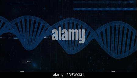 Displaying blue digital double helix graphic across dark scientific interface, with binary digits Stock Photo
