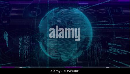 Projecting holographic globe rotating in dashboard, showing alphanumeric streams and code panels Stock Photo
