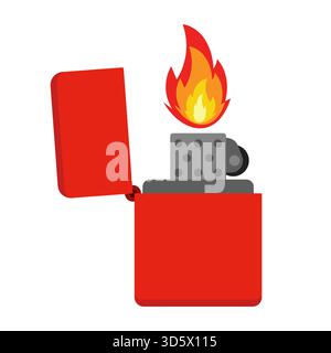 Red Metal Lighter with Flame Vector. Ideal for use in safety materials, signage, educational graphics, product mockups, icons, promotional designs. Stock Vector