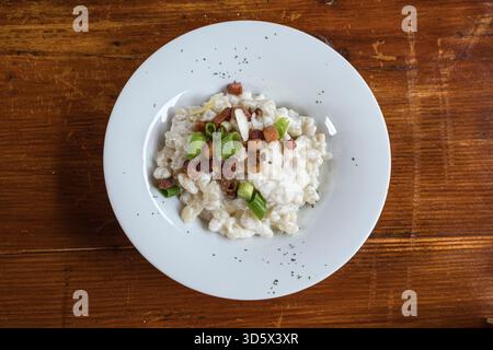 The national dish of Slovakia, Bryndzové Halušky, is a type of local potato dumplings (like gnocchi), mixed with traditional bryndza sheep cheese. Stock Photo