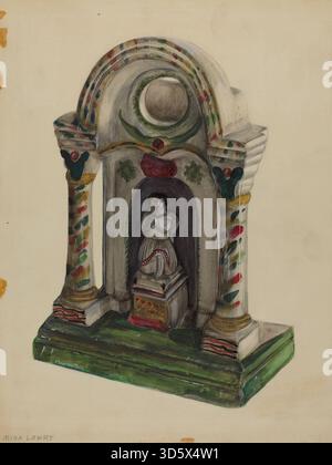A religious wood carving by Mina Lowry, created between 1935 and 1942, showing a sacred figure or scene, carved details, relief work, and wood texture for devotional or display purposes. Stock Photo