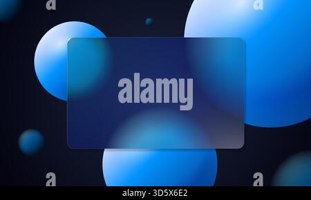 Modern glassmorphism card with glossy 3D spheres and subtle blur shines in clean blue palette. Transparent glass morphism panel and abstract shapes. Futuristic UI banner for web and app presentation. Stock Vector