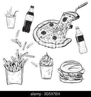 Hand drawn burger, salad and pizza. French fries in cardboard box and ice-cream. Vector sketch illustration in vintage style bottle of and a glass of Stock Vector
