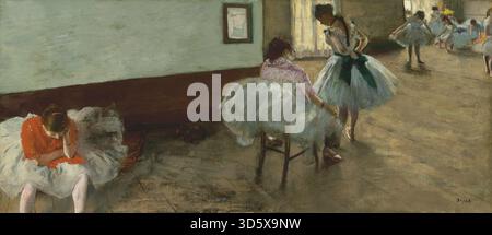 A circa 1879 painting by Edgar Degas showing a dance class with young ballerinas practicing at the barre, an instructor observing, and a studio interior, emphasizing posture, movement, and composition. Stock Photo