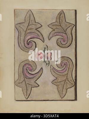 This hooked rug, created by Lillian M. Mosseller between 1935 and 1942, features hand-hooked textile work forming patterns or images. Made from strips of fabric pulled through a base material, it reflects traditional American folk art techniques and decorative craftsmanship in home textiles of the era. Stock Photo