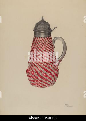 This ceramic mug by Hugh Clarke from 1938 is designed for serving molasses or syrup. The piece highlights utilitarian craftsmanship, featuring a handle, spout, and glazed surface, emphasizing both functionality and simple decorative elements. Stock Photo