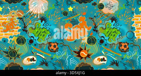 Seamless background street graffiti. hand drawing. Not AI, Vector illustration. Stock Vector