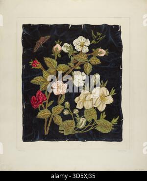 A textile artwork by Frank J Mace from 1935 to 1942 featuring handmade flowers stitched onto a black fabric background, showing detailed embroidery work. Stock Photo