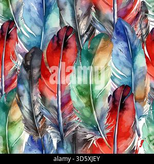 seamless background feathers colored . hand drawing. Not AI, Vector illustration. Stock Vector