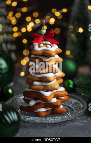 Christmas Tree Cookie Stack with Icing and Ornaments Stock Photo