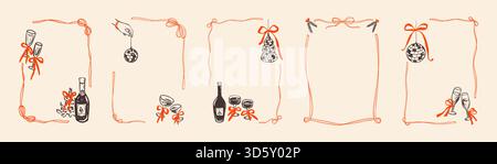 Hand-drawn crayon Christmas frame with festive bow and vintage ornaments, whimsical doodle border featuring party ribbons, disco balls and champagne g Stock Vector