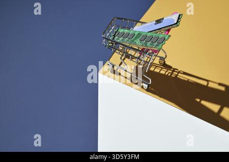 Isometry trendy cube concept. Computer memory module. Yellow and blue. Retail technology shop. Chip market. Metal pc component. Laptop inside electron Stock Photo