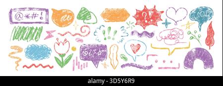 Hand drawn crayon speech bubbles, wavy lines and children scribbles. Chalk pencil texture cute kid doodle icons set. Colorful text box, dialogue balloons, talk frames, flower, hearts in sketch style Stock Vector