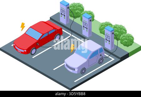 Isometric electric vehicle charging. Car stop with eco station with charge. Personal autos stand on charged. Modern urban e-transport, nifty vector 3d Stock Vector