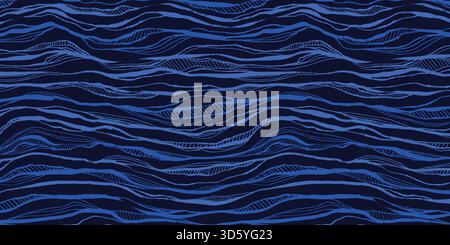 Abstract Ocean Wave Line Art Background with Hand-Drawn Flowing Stripes. Decorative marine blue grunge swirls pattern for modern fabric, wallpaper Stock Vector