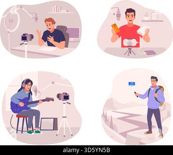 Bloggers. Audio video and write content web production characters exact vector bloggers characters original artwork Stock Vector