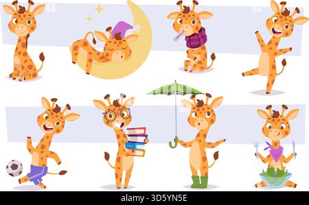 Giraffe. Zoo animal in different poses exact vector baby animal playing original artwork Stock Vector