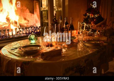 Festive Christmas and New Year dinner featuring a beautifully roasted duck served on an elegant holiday table setting Stock Photo