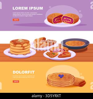 Pancakes. banners with different delicious pancakes on plates original artwork Stock Vector