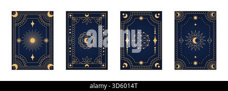 Set of celestial tarot or oracle card backs with gold esoteric symbols sun, moon, stars and geometric art deco frames on indigo background. Editable v Stock Vector