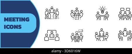 Minimal meeting and conference icons including video calls, group discussions, brainstorming, and teamwork tables, collaboration concept Stock Vector