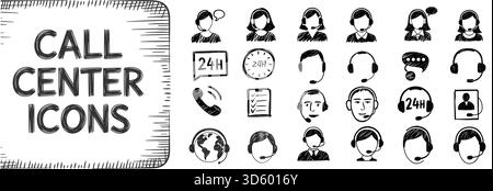 Hand-drawn black and white call center icon set with headsets, speech bubbles, support profiles, and 24H symbols, customer service concept Stock Vector