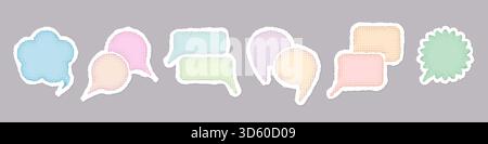 Chat dialog double speech bubbles soft pastel color set. Stickers with torn paper cutout edges, irregular forms layered overlapping. Hand drawn talk cloud with decorative dots sketch textured doodle Stock Vector