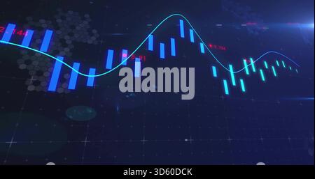 Displaying market chart on navy grid, with glowing cyan trend line, bars, red labels, hex pattern Stock Photo