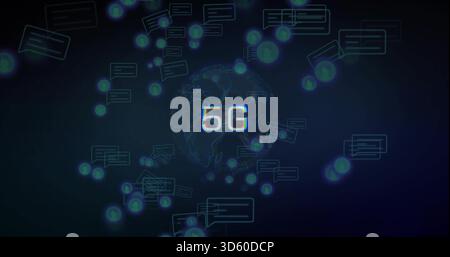 Displaying central wireframe globe over dark background, with 5G text, chat bubbles, nodes and orbs Stock Photo
