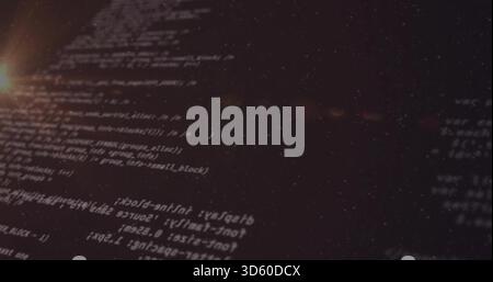 Projecting angled monospaced code lines diagonally on dark screen, showing lens flare, particles Stock Photo