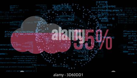 Displaying red semi-transparent cloud and 55% text over cyan node globe in studio Stock Photo