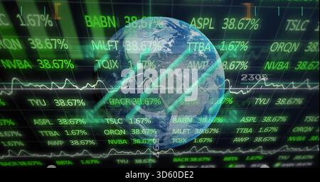 Showing semi-transparent Earth globe amid virtual finance dashboard, displaying neon tickers Stock Photo
