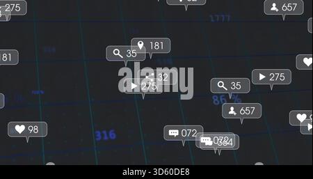 Displaying floating cluster of labels showing engagement stats on dark grid with heart icons Stock Photo