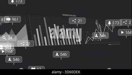 Displaying central bar chart centered on dark analytics UI, showing line, area charts and callouts Stock Photo