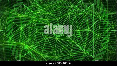 Displaying neon-green wireframe network centering on dark grid, showing central ring and hatches Stock Photo