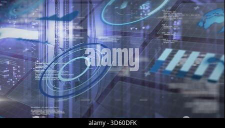 Displaying holographic circular HUD floating over data center, with concentric rings, grid overlay Stock Photo