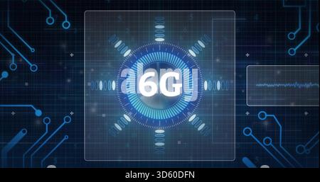 Displaying central 6G HUD graphic rotating on virtual interface, showing waveform panel right Stock Photo