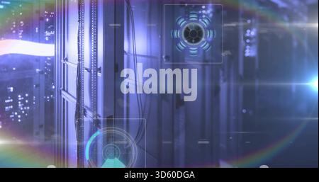Glowing server racks and cable rails showing LED indicators in data center corridor, with HUD Stock Photo