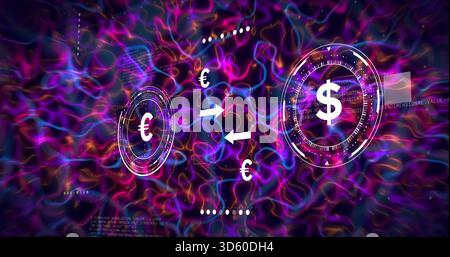 Displaying currency HUDs floating in digital finance scene, showing euro,dollar icons and arrows Stock Photo