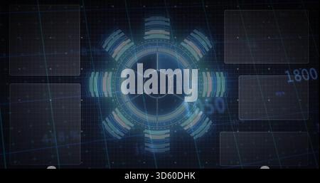 Pulsing central HUD showing ringed reticle and ticks in virtual console with six bars, panels Stock Photo