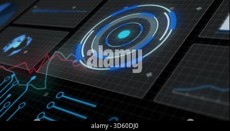 Displaying circular HUD on digital dashboard, with data panels, red-green waveform and neon traces Stock Photo