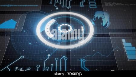 Displaying central circular hologram interface over data grid, showing circuit traces and bar chart Stock Photo