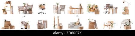 Collage of wrapped furniture in stretch film on white background Stock Photo